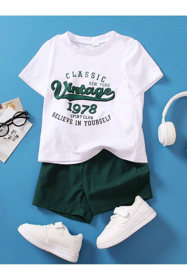 Vintage Printed Cotton Kids Teal Green Shorts White T-shirt Set - Kids Summer Bike Neck - 1