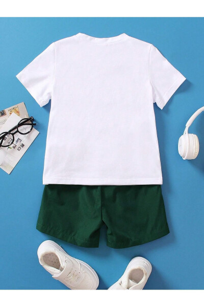 Vintage Printed Cotton Kids Teal Green Shorts White T-shirt Set - Kids Summer Bike Neck - 2