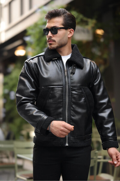 Vintage style, fur detailed men's leather jacket - Black - 2