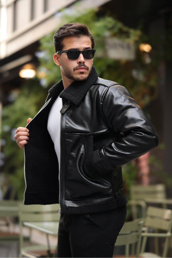 Vintage style, fur detailed men's leather jacket - Black - 5