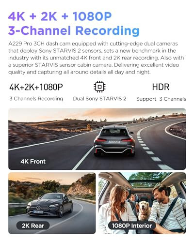 VIOFO A229 Pro 3 Kanal 4K HDR Dash Cam, Ikkita STARVIS 2 Sensor IMX678 & IMX675, 4K+2K+1080P Oldingi Ichki va Orqa Uchta Avtomobil Kamerasi, 5GHz WiFi GPS, Ovozli Boshqarish, 24 soatlik Avtoturargoh Rejimi, 512GB qo'llab-quvvatlash - 2