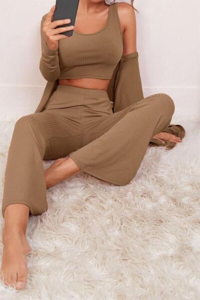 Viscose Pale Brown 3-piece Crop Suit 7007 - 1