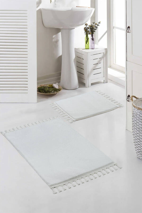 Vl Washable Premium Pompom Fringe Anti-Slip Base Faux Fur Bath Mat Set of 2 White - 1