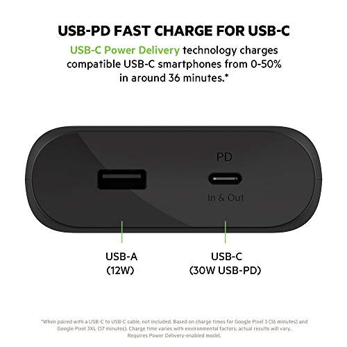 Внешний аккумулятор Belkin BoostCharge USB-C PD 20000 мАч, Портативное зарядное устройство для iPhone, Зарядное устройство для Apple iPhone, iPad Pro, Samsung Galaxy и других устройств с кабелем USB-C в комплекте - Черный - 3