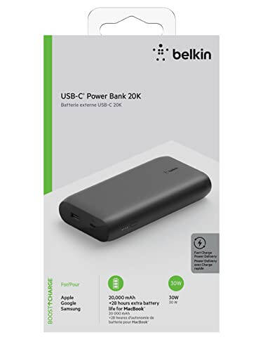 Внешний аккумулятор Belkin BoostCharge USB-C PD 20000 мАч, Портативное зарядное устройство для iPhone, Зарядное устройство для Apple iPhone, iPad Pro, Samsung Galaxy и других устройств с кабелем USB-C в комплекте - Черный - 6