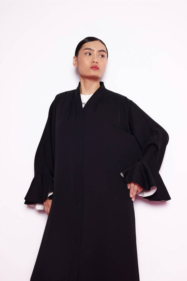 Volant Sleeve Abaya Black White - 3