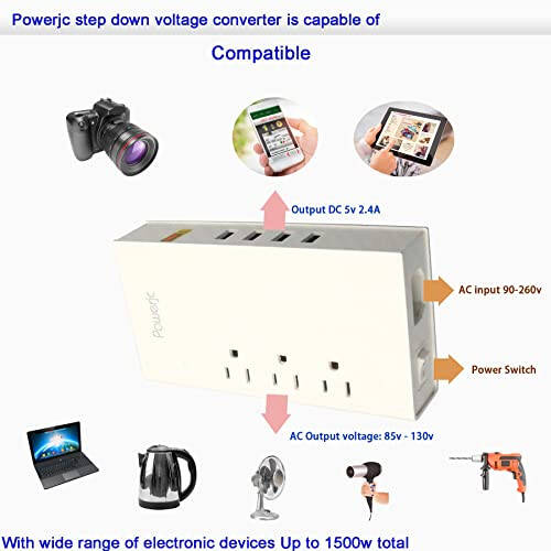 Voltage Converter Adapter Step Down 220V to 110V AC Output Rated Current 7A with 4 Smart USB Charging Ports White Powerjc - 6