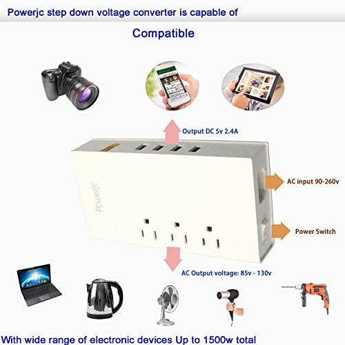 Voltaj Konvertori Adapteri Pastga Tushirish 220V dan 110V gacha AC Chiqish Nominal Toki 7A 4 ta Aqlli USB Zaryadlash Portlari bilan Oq Powerjc - 6