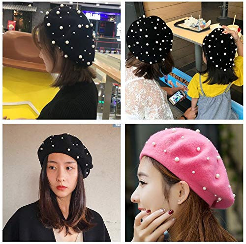 Vpang Women's Wool Berets Sweet French Pearl Beaded Beret Cap Winter Hat Knitted Beanie Hat for Girls - 7