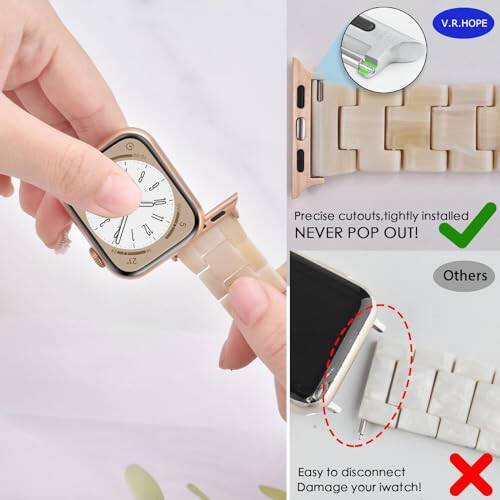 V.R.HOPE Resin Watch Band Compatible with Apple Watch Band for Women 42mm 44mm 45mm Tortoise Metal Buckle Wristband Bracelet Strap for iWatch Series 10 9 8 7 6 5 4 3 2 1 SE(Beige) - 5