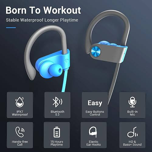 VRIFOZ Bluetooth Headphones, Bluetooth 5.3 IPX7 Waterproof Wireless Sports Earbuds for Workout Gym, 16 Hrs Playtime Running Headphones with Noise Cancelling Mic, HiFi Bass Stereo in-Ear Earphones - 2