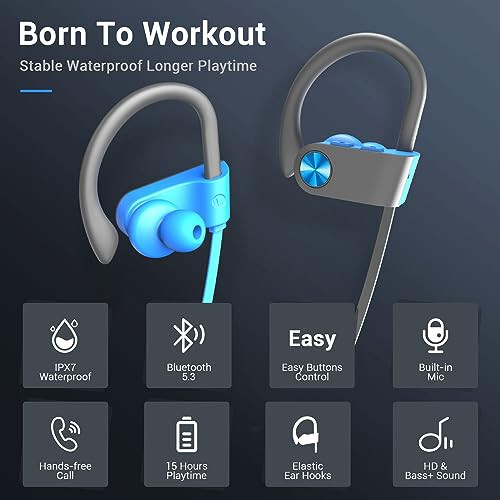 VRIFOZ Bluetooth Kulaklıklar, Bluetooth 5.3 IPX7 Su Geçirmez Kablosuz Spor Kulaklıkları Antrenman Spor Salonu İçin, 16 Saat Oynatma Süresi Koşu Kulaklıkları Gürültü Önleyici Mikrofonlu, HiFi Bas Stereo Kulak İçi Kulaklıklar - 2