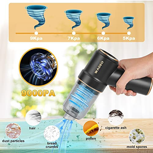 WADEO Handheld Vacuum Cordless, Car Vacuum Portable Cordless 9000Pa, Hand Held Vacuum, Mini Vacuum with Blower, Car Vacuum with LED Light, Wireless Vacuum Cleaner for Home Pet & Office - 2