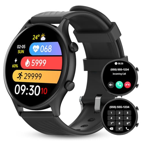 WalkerFit Slim Smart Watches - Dumaloq Smart Watch Qilish/Javob Berish Su o'tkazmaydigan Fitness Soati Pedometr, Qon Bosimi Yurak Urishi Monitori bilan (Qora, Universal, 128 MB, Qora) - 1