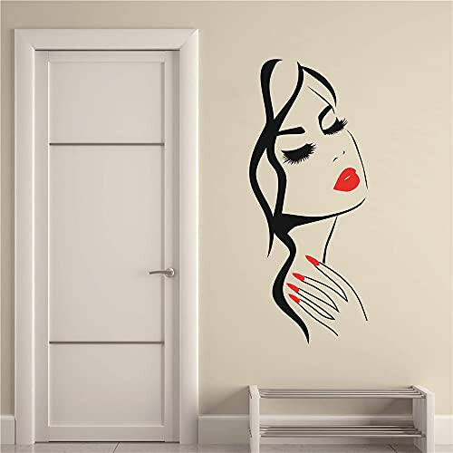 Wall Decal Beauty Salon Manicure Nail Salon Wall Art Sticker Beautiful Girl Face Lips Home Decor Stickers Barber Shop Hairstyle Decoration Wall Mural M-73 (Black+ fire red lips, 40X90CM) - 2