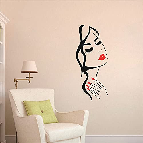 Wall Decal Beauty Salon Manicure Nail Salon Wall Art Sticker Beautiful Girl Face Lips Home Decor Stickers Barber Shop Hairstyle Decoration Wall Mural M-73 (Black+ fire red lips, 40X90CM) - 3