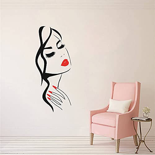 Wall Decal Beauty Salon Manicure Nail Salon Wall Art Sticker Beautiful Girl Face Lips Home Decor Stickers Barber Shop Hairstyle Decoration Wall Mural M-73 (Black+ fire red lips, 40X90CM) - 4