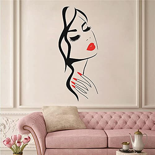 Wall Decal Beauty Salon Manicure Nail Salon Wall Art Sticker Beautiful Girl Face Lips Home Decor Stickers Barber Shop Hairstyle Decoration Wall Mural M-73 (Black+ fire red lips, 40X90CM) - 5