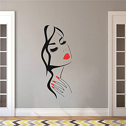 Wall Decal Beauty Salon Manicure Nail Salon Wall Art Sticker Beautiful Girl Face Lips Home Decor Stickers Barber Shop Hairstyle Decoration Wall Mural M-73 (Black+ fire red lips, 40X90CM) - 6