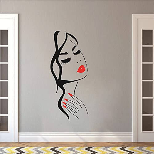 Wall Decal Beauty Salon Manicure Nail Salon Wall Art Sticker Beautiful Girl Face Lips Home Decor Stickers Barber Shop Hairstyle Decoration Wall Mural M-73 (Black+ fire red lips, 40X90CM) - 6