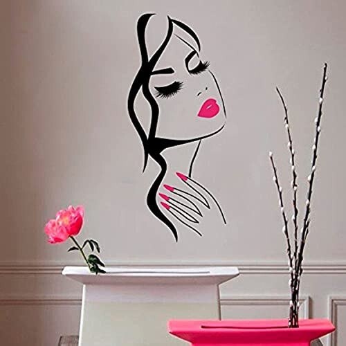 Wall Decal Beauty Salon Manicure Nail Salon Wall Art Sticker Beautiful Girl Face Lips Home Decor Stickers Barber Shop Hairstyle Decoration Wall Mural M-73 (Black +Pink Lips, 40X90CM) - 1