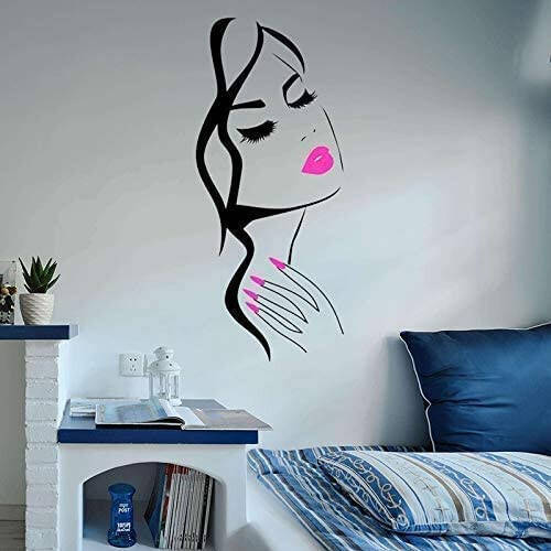 Wall Decal Beauty Salon Manicure Nail Salon Wall Art Sticker Beautiful Girl Face Lips Home Decor Stickers Barber Shop Hairstyle Decoration Wall Mural M-73 (Black +Pink Lips, 40X90CM) - 3