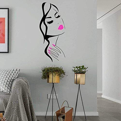 Wall Decal Beauty Salon Manicure Nail Salon Wall Art Sticker Beautiful Girl Face Lips Home Decor Stickers Barber Shop Hairstyle Decoration Wall Mural M-73 (Black +Pink Lips, 40X90CM) - 4