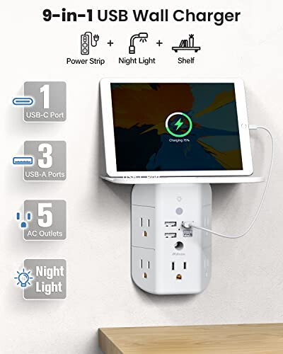 Wall Outlet Extender with Shelf and Night Light, Surge Protector, USB Wall Charger with 5 AC Outlets and 3 USB Ports 1 USB C Outlet Wide Space 3-Sided Power Strip Multi Plug Outlets... - 2