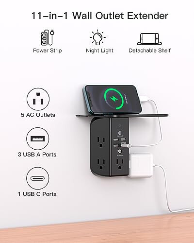 Wall Outlet Extender with Shelf and Night Light, Surge Protector, USB Wall Charger with 5 USB Outlets and 3 USB Ports 1 USB C Outlet - 2