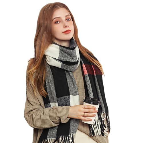 Wander Agio Women's Fashion Scarves Long Cashmere Like Shawl Winter Warm Knit Large Tassel Plaid Scarf - 11