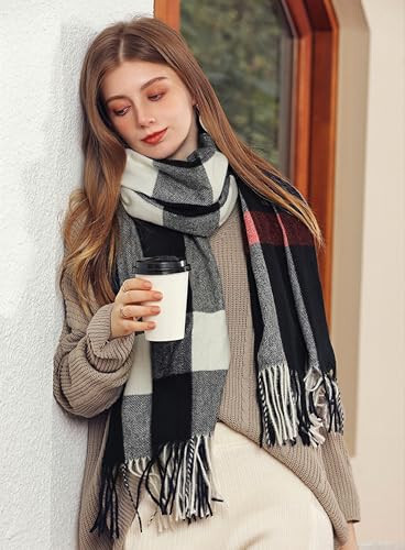 Wander Agio Women's Fashion Scarves Long Cashmere Like Shawl Winter Warm Knit Large Tassel Plaid Scarf - 12