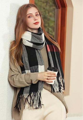 Wander Agio Women's Fashion Scarves Long Cashmere Like Shawl Winter Warm Knit Large Tassel Plaid Scarf - 13