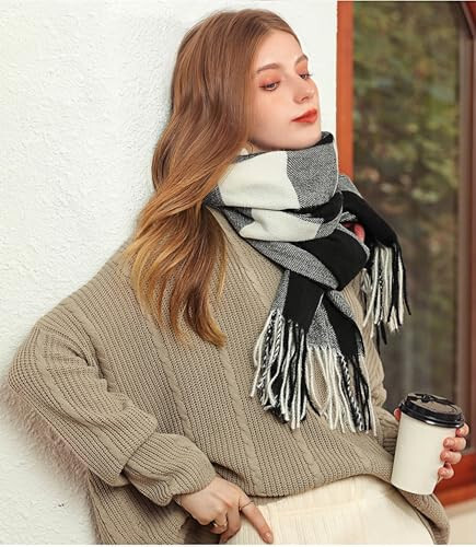 Wander Agio Women's Fashion Scarves Long Cashmere Like Shawl Winter Warm Knit Large Tassel Plaid Scarf - 14