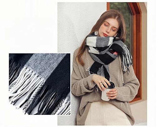 Wander Agio Women's Fashion Scarves Long Cashmere Like Shawl Winter Warm Knit Large Tassel Plaid Scarf - 15