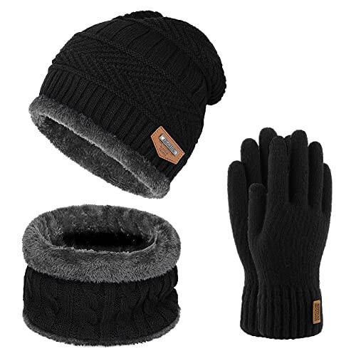 Warm Winter Beanie Hat & Scarf Gloves Set Stylish Knit Skull Cap for Men Women (One Size, 05 Black) - 1