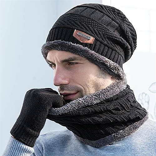 Warm Winter Beanie Hat & Scarf Gloves Set Stylish Knit Skull Cap for Men Women (One Size, 05 Black) - 2