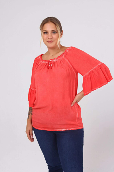 Washed Sleeve Ruffle Large Size Blouse Coral - 2