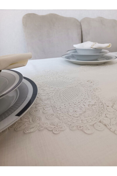 Water Drop Ecru 12-Person 26-Piece French Lace Dowry Dinner Tablecloth Set Runner Set - 7