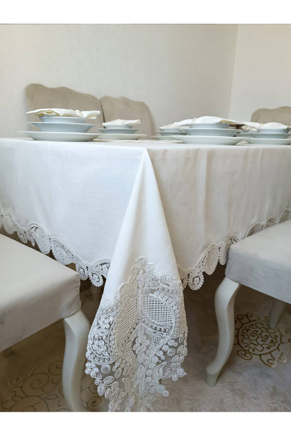 Water Drop Ecru 12-Person 26-Piece French Lace Dowry Dinner Tablecloth Set Runner Set - 9