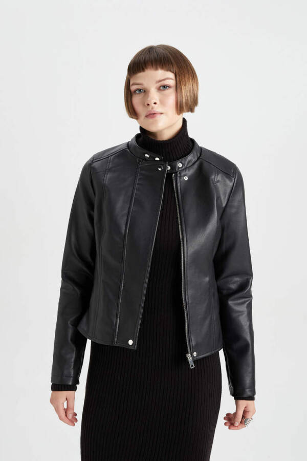 Water-Repellent Faux Leather Biker Jacket Black - 1