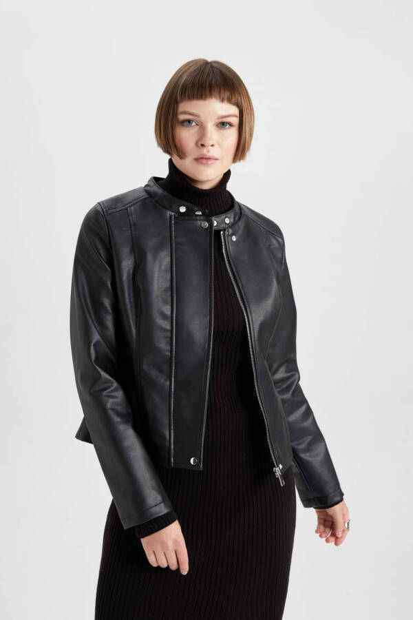 Water-Repellent Faux Leather Biker Jacket Black - 3