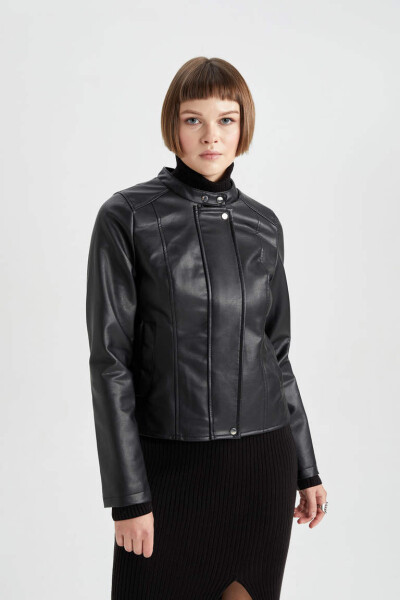 Water-Repellent Faux Leather Biker Jacket Black - 4