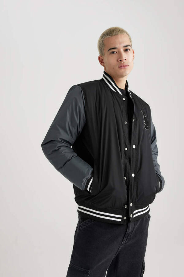 Water Repellent Regular Fit College Neck Bomber Jacket Black - 1