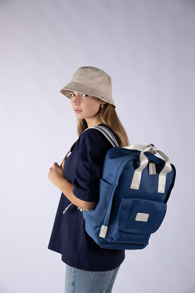 Waterproof Fabric Unisex Indigo Backpack Adjustable Shoulder And Hand Strap With Large Eyelet Pocket - 21