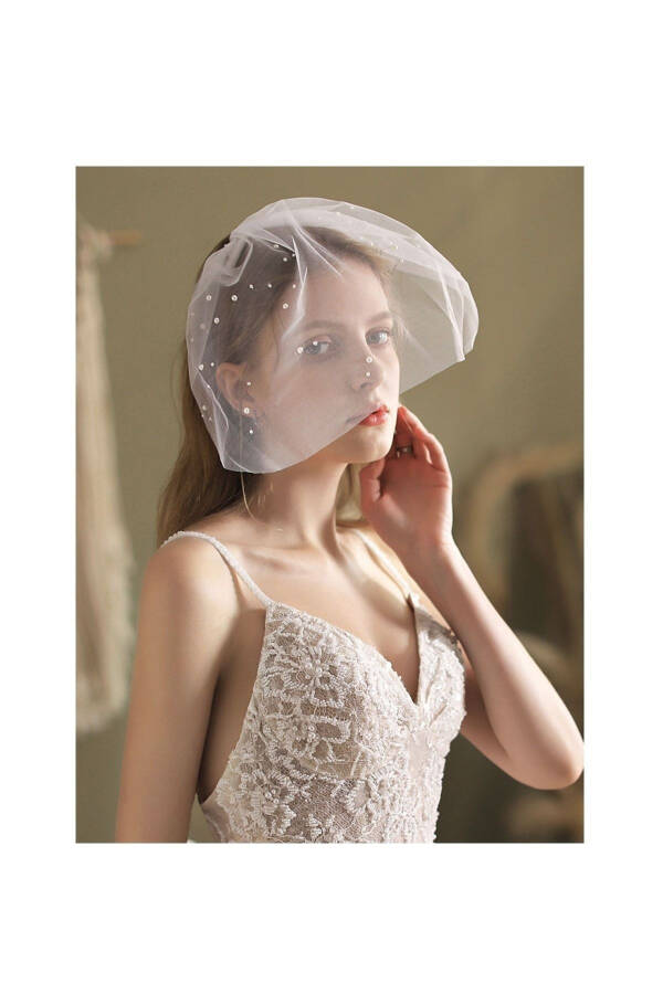 Wedding Hat with Pearl Tulle, Bridal Cap, Bridal Veil with Pearl Veiling - 1