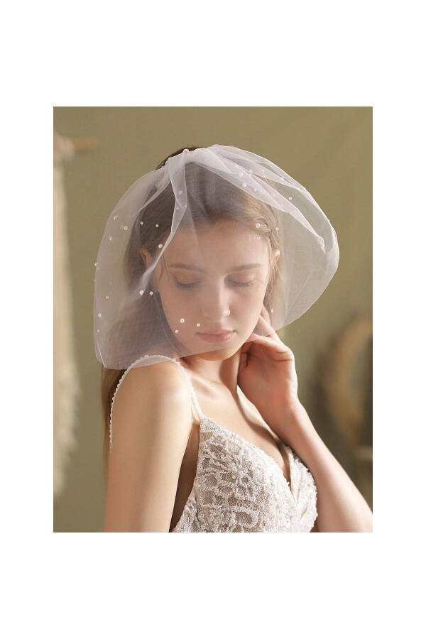 Wedding Hat with Pearl Tulle, Bridal Cap, Bridal Veil with Pearl Veiling - 2