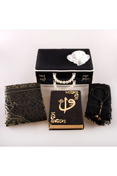 Wedding Quran Gift Set with Velvet Box, Tasbih, Prayer Rug, Shawl (BLACK) - 3