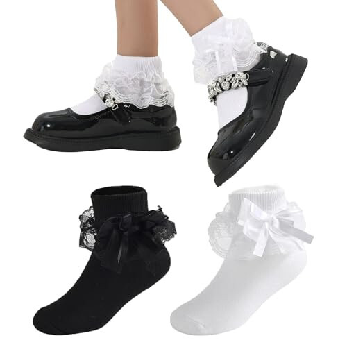 WEIDUAINI Baby Girls Socks Black and White Turn Cuff Lace Bow Ruffle Socks for Kids and Infants Toddlers - 31