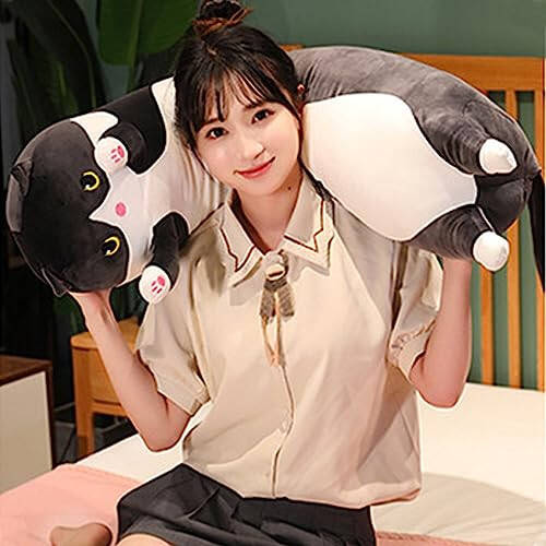 Werdast Black Cat Long Plush Pillow Kitty Stuffed Animals Soft Sleeping Throw Pillow Doll Toy Gift (Black, 18inches) - 6