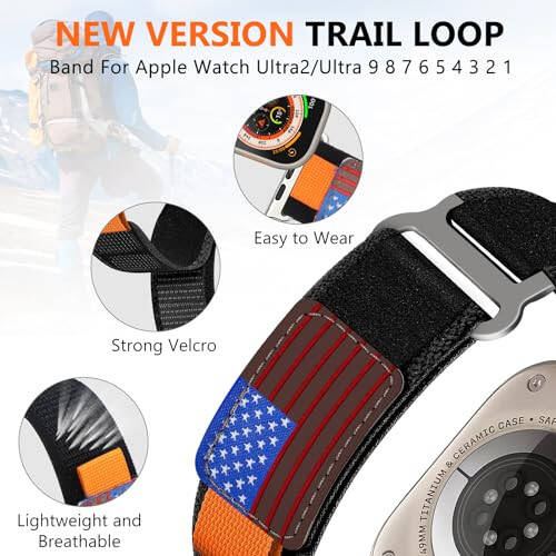 WestEagle Trail Loop Нейлоновый ремешок, совместимый с Apple Watch Ultra/2, размер 49 мм 45 мм 44 мм 42 мм, прочный мягкий плетеный эластичный спортивный ремешок для iWatch Series 9 8 7 6 5 4 3 2 1 Ultra/2 Мужчины Флаг США - 5